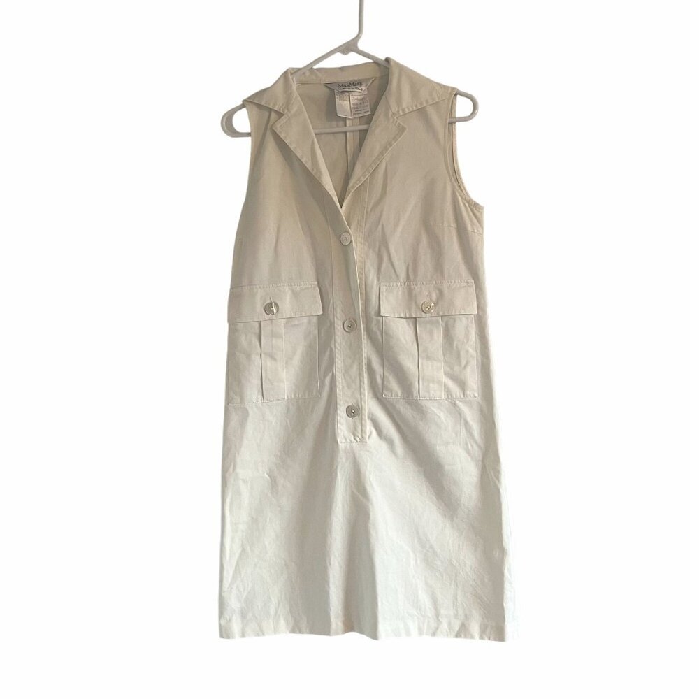 Max Mara Cotton Blend Sleeveless Collared Half Button Shirt Dress White Size 4